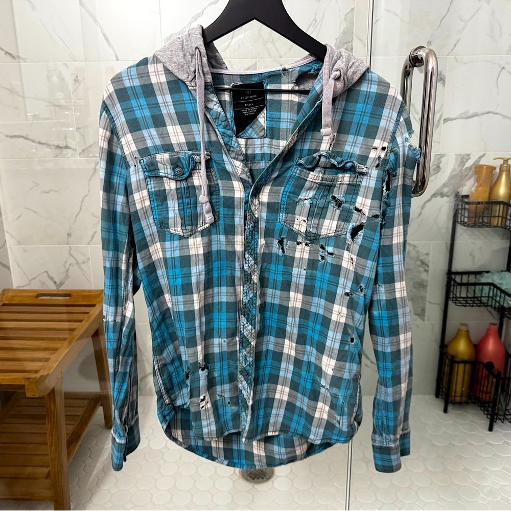 Cotton On Plaid Light Flannel Hoodie Shirt Small Grunge Distressed streetwear